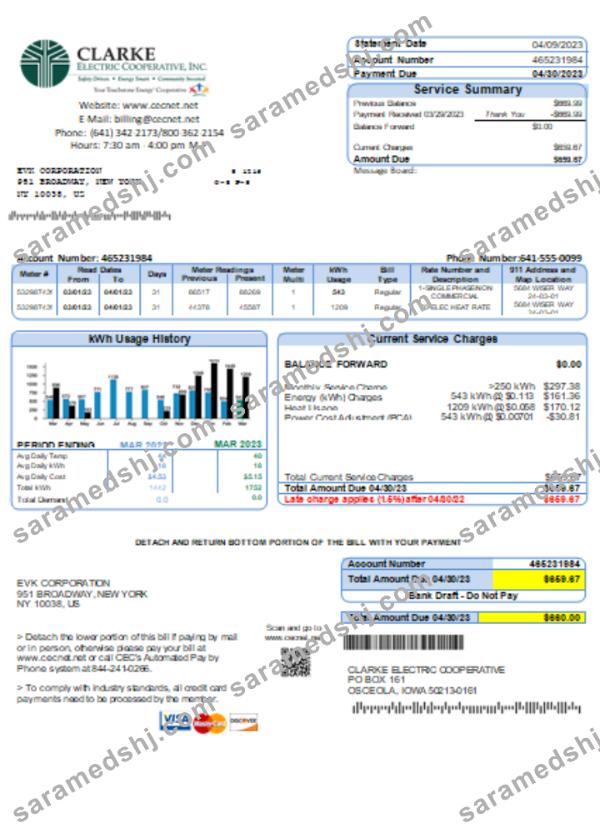 Clarke Electric Co-Op Inc utility business bill, SCR